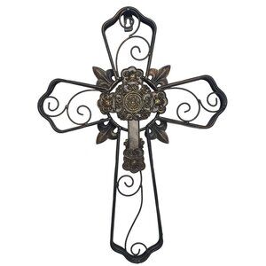 Ornate Metal Wall Cross 16" Bronze Decorative Scrollwork & Fleur-De-Lis Details